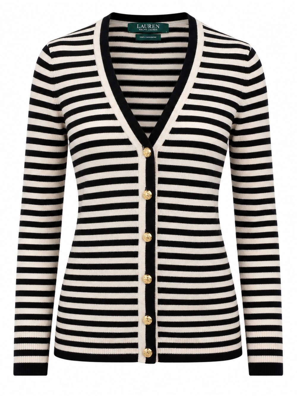 Lauren Ralph Lauren 100% Cashmere Striped V-Neck Cardigan with Gold Buttons XS